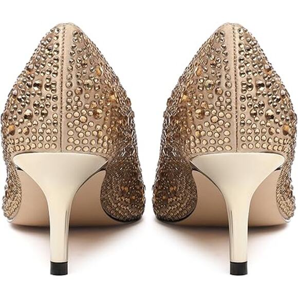 Justvindo Womens Size 8.5 Gold Satin Rhinestone 2.5" Heel Closed Point Toe Shoes - Picture 4 of 7